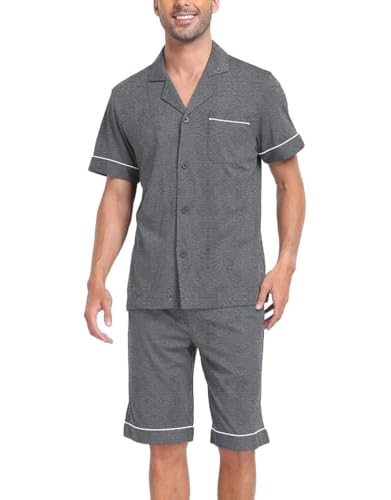 COLORFULLEAF Schlafanzug Herren Kurz 100% Baumwolle Nachthemd Herren Shorty Pyjama V-Ausschnitt T-Shirt und Schlafshorts(Grau,S) von COLORFULLEAF