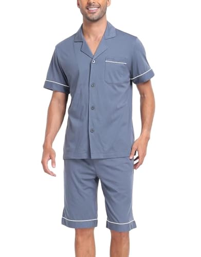 COLORFULLEAF Schlafanzug Herren Kurz 100% Baumwolle Nachthemd Herren Shorty Pyjama V-Ausschnitt T-Shirt und Schlafshorts(Neues Grau,M) von COLORFULLEAF