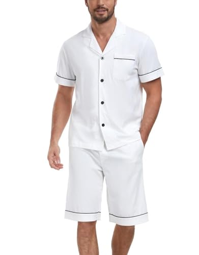 COLORFULLEAF Schlafanzug Herren Kurz 100% Baumwolle Nachthemd Herren Shorty Pyjama V-Ausschnitt T-Shirt und Schlafshorts(Weiß,L) von COLORFULLEAF