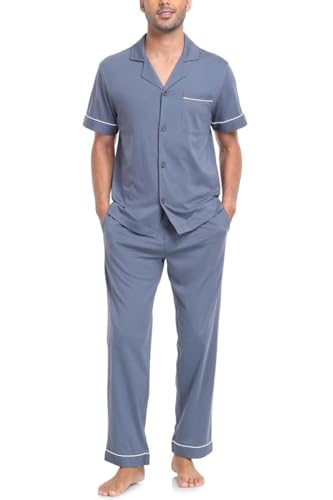COLORFULLEAF Herren Schlafanzug 100% Baumwolle Kurzarm Pyjama mit Knopfleiste Sommer Zweiteilige Nachtwäsche Loungewear(Grau,S) von COLORFULLEAF