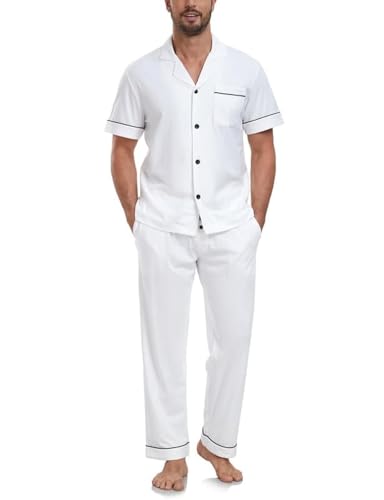 COLORFULLEAF Herren Schlafanzug 100% Baumwolle Kurzarm Pyjama mit Knopfleiste Sommer Zweiteilige Nachtwäsche Loungewear(Weiß,XL) von COLORFULLEAF