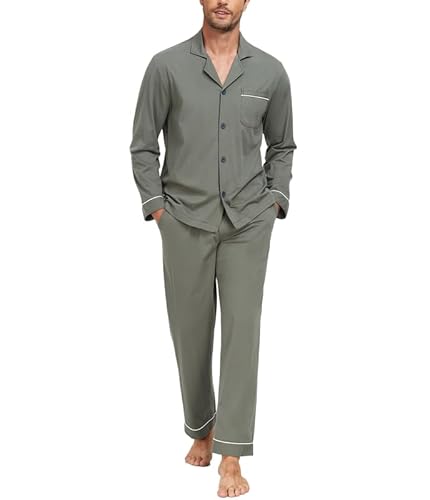 COLORFULLEAF Schlafanzug Herren Lang 100% Baumwolle Pyjama Set mit Knopfleiste Zweiteiliger Nachtwäsche Langarm Loungewear(Armeegrün,L) von COLORFULLEAF