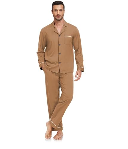COLORFULLEAF Schlafanzug Herren Lang 100% Baumwolle Pyjama Set mit Knopfleiste Zweiteiliger Nachtwäsche Langarm Loungewear(Braun,XL) von COLORFULLEAF