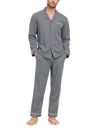 COLORFULLEAF Schlafanzug Herren Lang 100% Baumwolle Pyjama Set mit Knopfleiste Zweiteiliger Nachtwäsche Langarm Loungewear(Grau,XL) von COLORFULLEAF