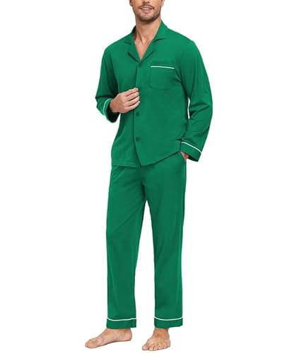 COLORFULLEAF Schlafanzug Herren Lang 100% Baumwolle Pyjama Set mit Knopfleiste Zweiteiliger Nachtwäsche Langarm Loungewear(Grün,L) von COLORFULLEAF