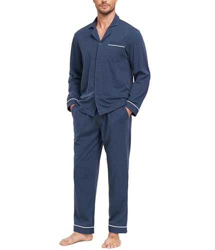 COLORFULLEAF Schlafanzug Herren Lang 100% Baumwolle Pyjama Set mit Knopfleiste Zweiteiliger Nachtwäsche Langarm Loungewear(Heather Navy,XL) von COLORFULLEAF