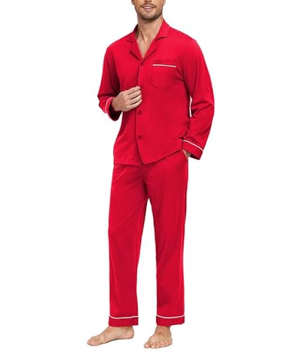 COLORFULLEAF Schlafanzug Herren Lang 100% Baumwolle Pyjama Set mit Knopfleiste Zweiteiliger Nachtwäsche Langarm Loungewear(Kirschrot,XL) von COLORFULLEAF