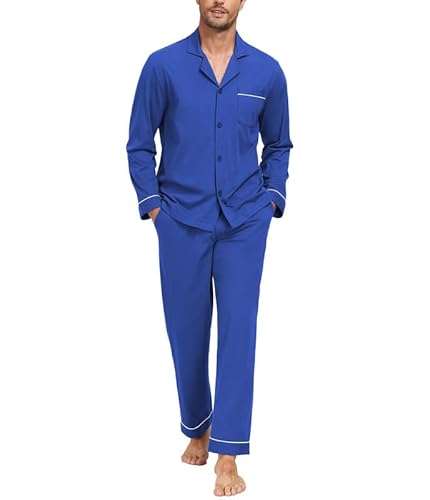 COLORFULLEAF Schlafanzug Herren Lang 100% Baumwolle Pyjama Set mit Knopfleiste Zweiteiliger Nachtwäsche Langarm Loungewear(Kobaltblau,S) von COLORFULLEAF