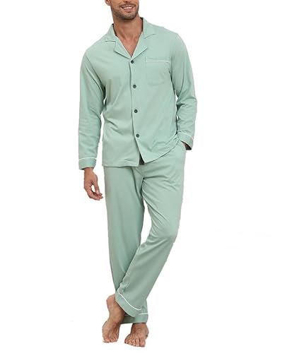 COLORFULLEAF Schlafanzug Herren Lang 100% Baumwolle Pyjama Set mit Knopfleiste Zweiteiliger Nachtwäsche Langarm Loungewear(Türkis,L) von COLORFULLEAF
