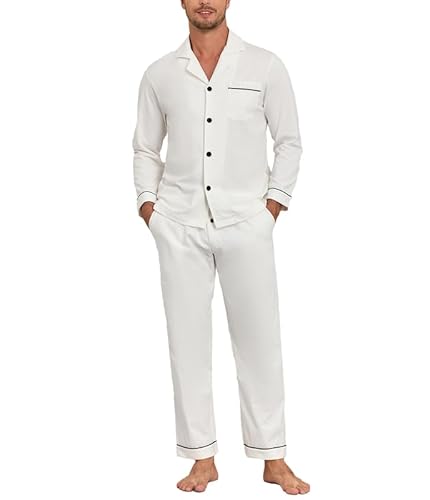 COLORFULLEAF Schlafanzug Herren Lang 100% Baumwolle Pyjama Set mit Knopfleiste Zweiteiliger Nachtwäsche Langarm Loungewear(weiß,L) von COLORFULLEAF