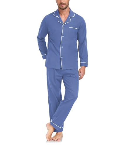 COLORFULLEAF Herren Schlafanzug Lang 100% Baumwolle Zweiteiliger Männer Pyjama Herren Schlafanzug mit Knopfleiste und Taschen S-XL(Blau,M) von COLORFULLEAF