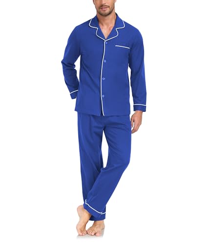 COLORFULLEAF Schlafanzug Herren Lang 100% Baumwolle Zweiteiliger Nachtwäsche Herren Schlafanzug mit Knopfleiste Loungewear S-XL(Kobaltblau,L) von COLORFULLEAF