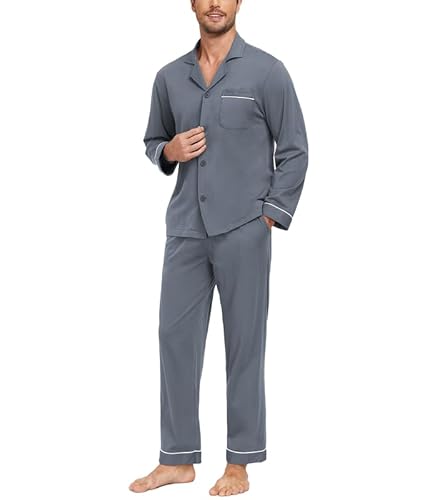 COLORFULLEAF Schlafanzug Herren Lang 100% Baumwolle Pyjama Set mit Knopfleiste Zweiteiliger Nachtwäsche Langarm Loungewear(Dunkelgrau,S) von COLORFULLEAF