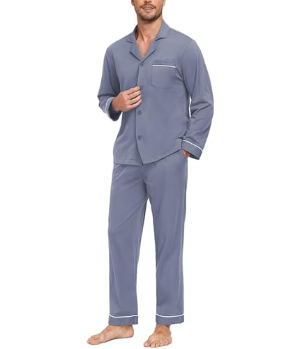 COLORFULLEAF Schlafanzug Herren Lang 100% Baumwolle Pyjama Set mit Knopfleiste Zweiteiliger Nachtwäsche Langarm Loungewear(Neues Grau,L) von COLORFULLEAF