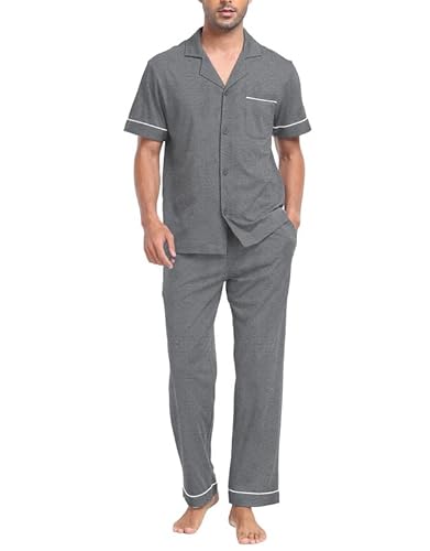 COLORFULLEAF Herren Schlafanzug Pyjama 100% Baumwolle Kurzarm Lange Hose Zweiteiliger Nachtwäsche mit Knopfleiste Loungewear für Männer(Dunkelgrau,L) von COLORFULLEAF