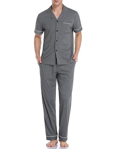 COLORFULLEAF Herren Schlafanzug Pyjama 100% Baumwolle Kurzarm Lange Hose Zweiteiliger Nachtwäsche mit Knopfleiste Loungewear für Männer(Dunkelgrau,M) von COLORFULLEAF
