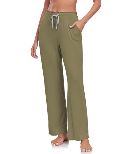 COLORFULLEAF Schlafanzughose Damen Bambus Pyjamahosen Lang-Mix + Relax Jogginghose Weites Bein Freizeithose mit Taschen(Armeegrün,M) von COLORFULLEAF