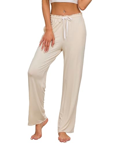 COLORFULLEAF Schlafanzughose Damen Bambus Pyjamahosen Lang-Mix + Relax Jogginghose Weites Bein Freizeithose mit Taschen(Beige,M) von COLORFULLEAF