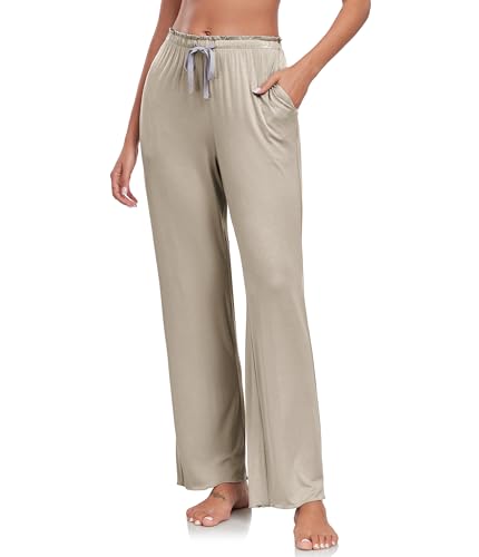 COLORFULLEAF Schlafanzughose Damen Bambus Pyjamahosen Lang-Mix + Relax Jogginghose Weites Bein Freizeithose mit Taschen(Erdnuss,L) von COLORFULLEAF