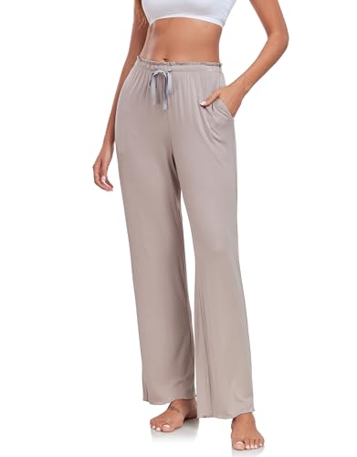 COLORFULLEAF Schlafanzughose Damen Bambus Pyjamahosen Lang-Mix + Relax Jogginghose Weites Bein Freizeithose mit Taschen(Hellbeige,L) von COLORFULLEAF