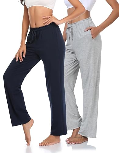 COLORFULLEAF Schlafanzughose Damen Bambus Pyjamahosen Lang-Mix + Relax Jogginghose Weites Bein Freizeithose mit Taschen(Marineblau+Hellgrau,L) von COLORFULLEAF