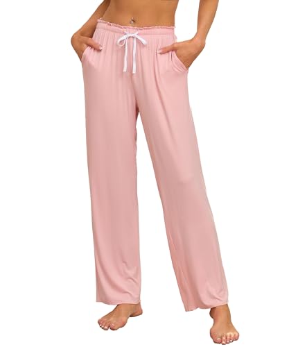 COLORFULLEAF Schlafanzughose Damen Bambus Pyjamahosen Lang-Mix + Relax Jogginghose Weites Bein Freizeithose mit Taschen(Rosa,M) von COLORFULLEAF