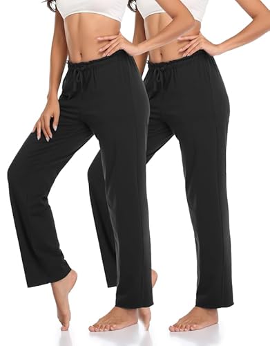 COLORFULLEAF Schlafanzughose Damen Bambus Pyjamahosen Lang-Mix + Relax Jogginghose Weites Bein Freizeithose mit Taschen(Schwarz*2,L) von COLORFULLEAF