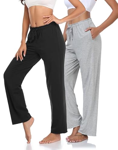 COLORFULLEAF Schlafanzughose Damen Bambus Pyjamahosen Lang-Mix + Relax Jogginghose Weites Bein Freizeithose mit Taschen(Schwarz+Hellgrau,M) von COLORFULLEAF