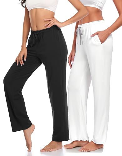 COLORFULLEAF Schlafanzughose Damen Bambus Pyjamahosen Lang-Mix + Relax Jogginghose Weites Bein Freizeithose mit Taschen(Schwarz+Weiß,L) von COLORFULLEAF