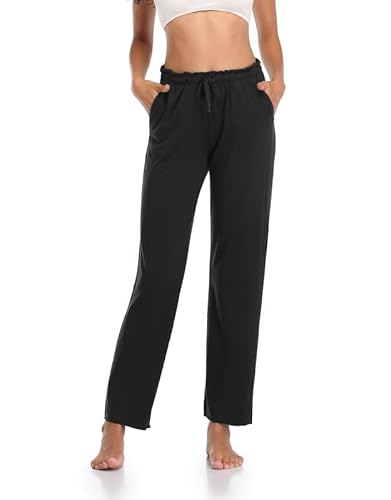 COLORFULLEAF Schlafanzughose Damen Bambus Pyjamahosen Lang-Mix + Relax Jogginghose Weites Bein Freizeithose mit Taschen(Schwarz,M) von COLORFULLEAF