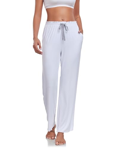 COLORFULLEAF Schlafanzughose Damen Bambus Pyjamahosen Lang-Mix + Relax Jogginghose Weites Bein Freizeithose mit Taschen(Weiß,L) von COLORFULLEAF