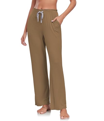 COLORFULLEAF Schlafanzughose Damen Lang Bambus Pyjamahose Dünne Sommerhose Schlafanzughosen Relax Weites Bein Haushose(Brownie,L) von COLORFULLEAF