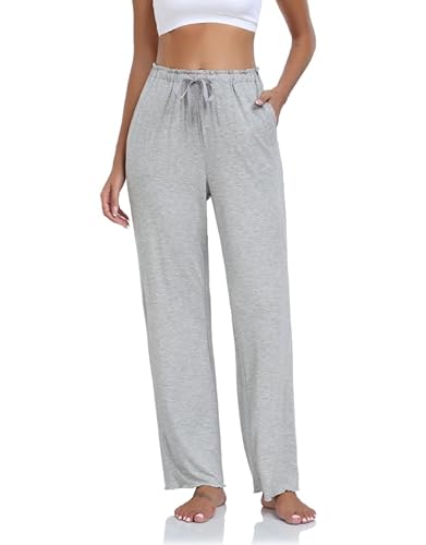 COLORFULLEAF Schlafanzughose Damen Bambus Pyjamahosen Lang-Mix + Relax Jogginghose Weites Bein Freizeithose mit Taschen(Hellgrau,L) von COLORFULLEAF