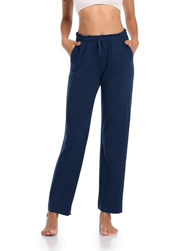 COLORFULLEAF Schlafanzughose Damen Pyjamahosen Lang Bambus-Mix + Relax Jogginghose Damen Yogahose Weites Bein Freizeithose mit Taschen(Marineblau,S) von COLORFULLEAF