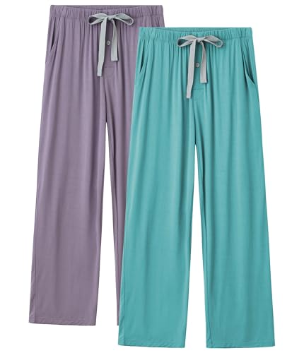 COLORFULLEAF Schlafanzughose Herren Lang mit Tasche Relaxed Fit Pyjamahose für Männer Freizeithose Schlafhose 1/2er Pack(Fliedergrau + Grün,M) von COLORFULLEAF