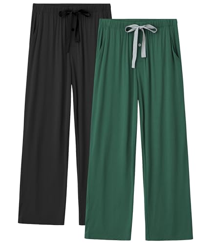 COLORFULLEAF Schlafanzughose Herren Lang Leicht Pyjama Hosen Haushose Herren 2er Pack mit Gummibund Relaxhose mit Taschen(Schwarz + Armeegrün,XL) von COLORFULLEAF