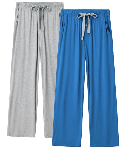 COLORFULLEAF Schlafanzughose Herren Lang Leicht Pyjama Hosen Haushose Herren 2er Pack mit Gummibund Relaxhose mit Taschen(Grau + Dunkelblau,XL) von COLORFULLEAF