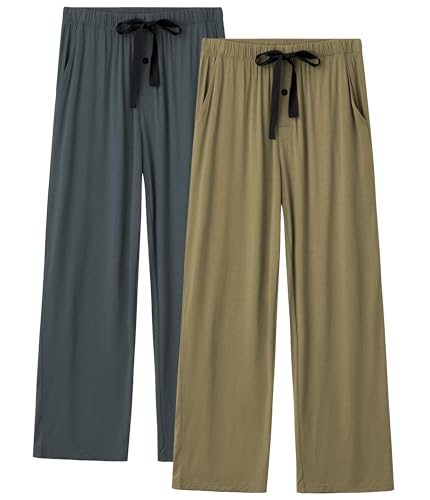 COLORFULLEAF Schlafanzughose Herren Lang Leicht Pyjama Hosen Haushose Herren 2er Pack mit Gummibund Relaxhose mit Taschen(Olivgrün + Dunkelgrau,L) von COLORFULLEAF
