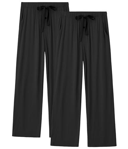 COLORFULLEAF Schlafanzughose Herren Lang Leicht Pyjama Hosen Haushose Herren 2er Pack mit Gummibund Relaxhose mit Taschen(Schwarz*2,L) von COLORFULLEAF