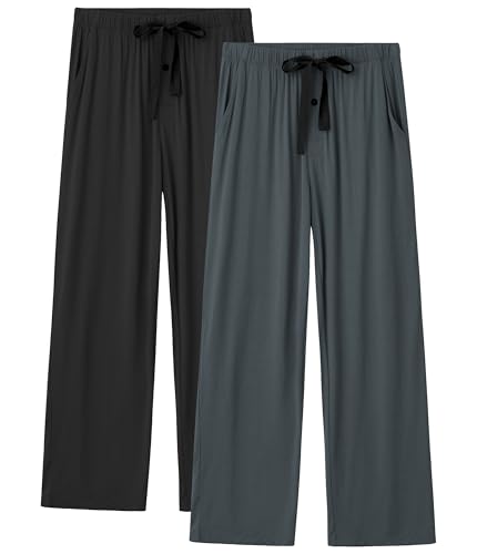 COLORFULLEAF Schlafanzughose Herren Lang Leicht Pyjama Hosen Haushose Herren 2er Pack mit Gummibund Relaxhose mit Taschen(Schwarz + Dunkelgrau,M) von COLORFULLEAF