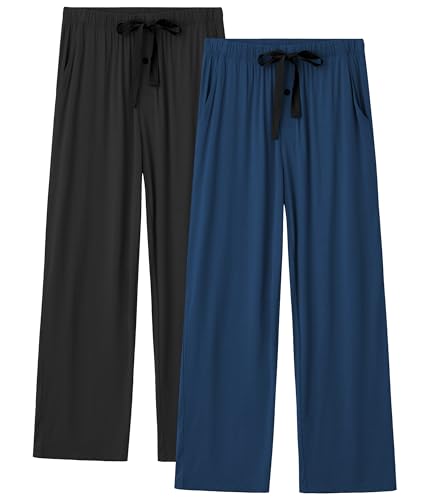 COLORFULLEAF Schlafanzughose Herren Lang Leicht Pyjama Hosen Haushose Herren 2er Pack mit Gummibund Relaxhose mit Taschen(Schwarz + Marineblau,L) von COLORFULLEAF