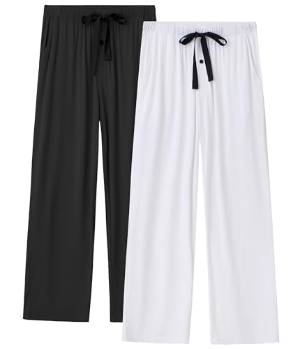 COLORFULLEAF Schlafanzughose Herren Lang Leicht Pyjama Hosen Haushose Herren 2er Pack mit Gummibund Relaxhose mit Taschen(Schwarz + Weiß,M) von COLORFULLEAF