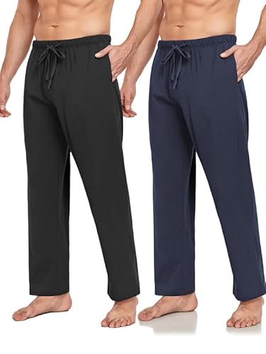 COLORFULLEAF Schlafanzughose Herren Lang mit Tasche Relaxed Fit Pyjamahose für Männer Freizeithose Schlafhose 1/2er Pack(Schwarz/Marineblau,L) von COLORFULLEAF