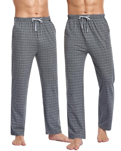 COLORFULLEAF Schlafanzughose Herren Lang Schlafhose Pyjamahose für Männer Jogginghose 1/2er Pack Haushose mit Taschen(Graues Plaid*2,XL) von COLORFULLEAF