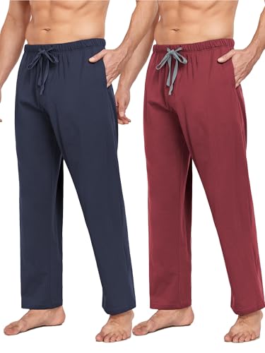 COLORFULLEAF Schlafanzughose Herren Lang mit Tasche Relaxed Fit Pyjamahose für Männer Freizeithose Schlafhose 1/2er Pack(Marineblau/Dunkelrot,M) von COLORFULLEAF