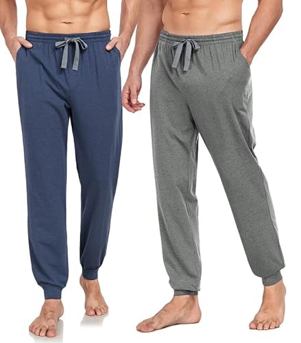 COLORFULLEAF Jogginghose Herren Baumwolle Schlafanzughose Männer Lang Schlafhose Leichte Freizeithose Sweatpants mit Bündchen(Grau*1+Heideblau*1,M) von COLORFULLEAF