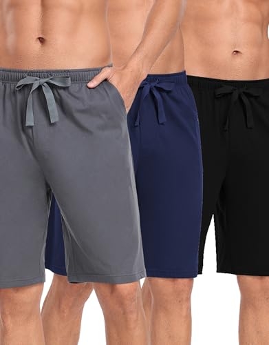 COLORFULLEAF Herren Schlafanzughose Kurz 100% Baumwolle Schlafhose Sommer Schlafshorts mit Taschen Pyjamahose Männer 3er Pack(Dunkelgrau + Schwarz + Marineblau,L) von COLORFULLEAF
