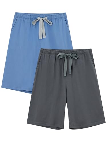 COLORFULLEAF Herren Schlafanzughose Kurz 100% Baumwolle Schlafhose Sommer Schlafshorts mit Taschen Pyjamahose Männer 2er Pack(Dunkelgrau + Blau,L) von COLORFULLEAF