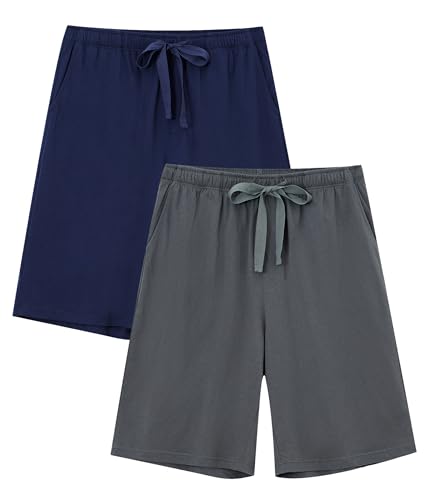 COLORFULLEAF Herren Schlafanzughose Kurz 100% Baumwolle Schlafhose Sommer Schlafshorts mit Taschen Pyjamahose Männer 2er Pack(Dunkelgrau+Marineblau,S) von COLORFULLEAF