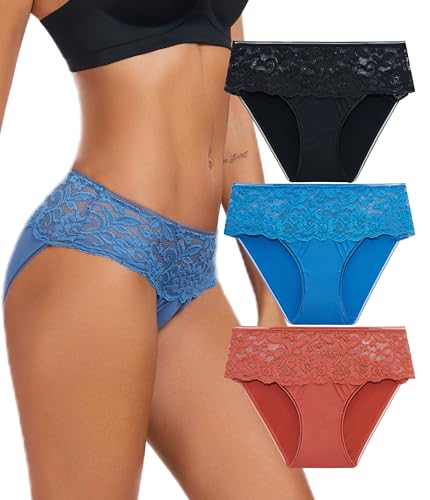 COLORFULLEAF Hipster Unterwäsche Damen Spitze Nahtlose Stretch Slips Atmungsaktiver Unterhosen Frauen Mehrpack（3C,XL von COLORFULLEAF